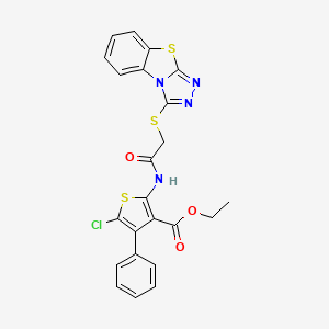 molecular formula C23H17ClN4O3S3 B2552259 Ethyl 5-chloro-4-phenyl-2-{[([1,2,4]triazolo[3,4-B][1,3]benzothiazol-3-ylsulfanyl)acetyl]amino}-3-thiophenecarboxylate CAS No. 305854-81-3