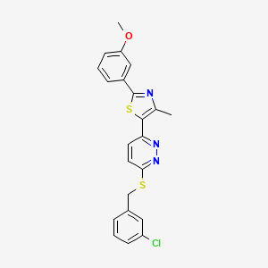 molecular formula C22H18ClN3OS2 B2552288 5-(6-((3-Chlorobenzyl)thio)pyridazin-3-yl)-2-(3-methoxyphenyl)-4-methylthiazole CAS No. 923172-36-5