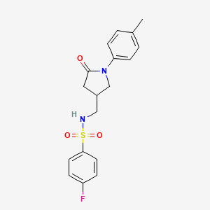 molecular formula C18H19FN2O3S B2552350 4-fluoro-N-((5-oxo-1-(p-tolyl)pyrrolidin-3-yl)methyl)benzenesulfonamide CAS No. 954714-69-3