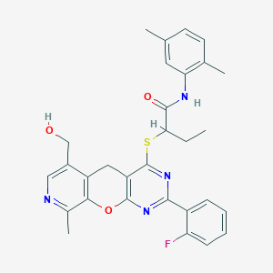 molecular formula C30H29FN4O3S B2552548 N-(2,5-dimethylphenyl)-2-((2-(2-fluorophenyl)-6-(hydroxymethyl)-9-methyl-5H-pyrido[4',3':5,6]pyrano[2,3-d]pyrimidin-4-yl)thio)butanamide CAS No. 892386-74-2
