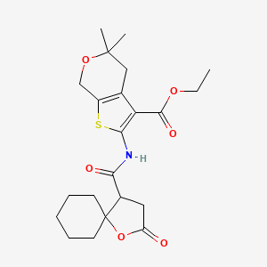 ethyl 5,5-dimethyl-2-(2-oxo-1-oxaspiro[4.5]decane-4-carboxamido)-5,7-dihydro-4H-thieno[2,3-c]pyran-3-carboxylate