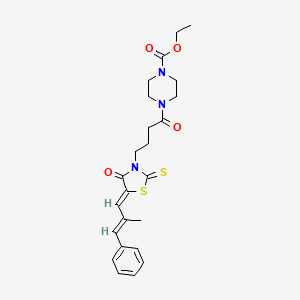 molecular formula C24H29N3O4S2 B2552577 乙基4-(4-((Z)-5-((E)-2-甲基-3-苯丙烯亚基)-4-氧代-2-硫代噻唑烷-3-基)丁酰)哌嗪-1-羧酸酯 CAS No. 432526-47-1