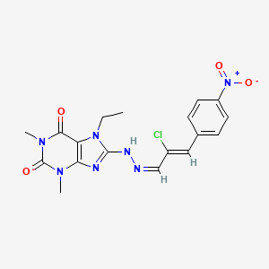 molecular formula C18H18ClN7O4 B2552633 8-[(2Z)-2-[(Z)-2-chloro-3-(4-nitrophenyl)prop-2-enylidene]hydrazinyl]-7-ethyl-1,3-dimethylpurine-2,6-dione CAS No. 397283-16-8