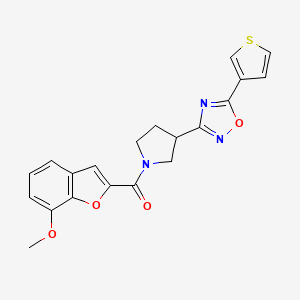molecular formula C20H17N3O4S B2552643 (7-Methoxybenzofuran-2-yl)(3-(5-(thiophen-3-yl)-1,2,4-oxadiazol-3-yl)pyrrolidin-1-yl)methanone CAS No. 2034278-40-3