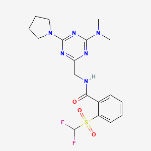 molecular formula C18H22F2N6O3S B2552672 2-((difluoromethyl)sulfonyl)-N-((4-(dimethylamino)-6-(pyrrolidin-1-yl)-1,3,5-triazin-2-yl)methyl)benzamide CAS No. 2034420-19-2