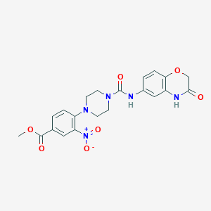 molecular formula C21H21N5O7 B2552699 methyl 3-nitro-4-(4-{[(3-oxo-3,4-dihydro-2H-1,4-benzoxazin-6-yl)amino]carbonyl}piperazino)benzenecarboxylate CAS No. 866137-44-2