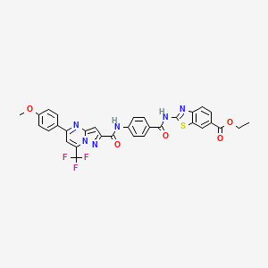 molecular formula C32H23F3N6O5S B2552769 2-(4-(5-(4-甲氧基苯基)-7-(三氟甲基)吡唑并[1,5-a]嘧啶-2-甲酰胺)苯甲酰胺)苯并[d]噻唑-6-甲酸乙酯 CAS No. 388114-71-4