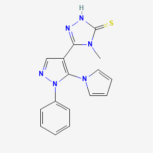 molecular formula C16H14N6S B2552796 4-methyl-5-[1-phenyl-5-(1H-pyrrol-1-yl)-1H-pyrazol-4-yl]-4H-1,2,4-triazole-3-thiol CAS No. 477709-23-2