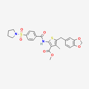 molecular formula C26H26N2O7S2 B2552904 Methyl 5-(benzo[d][1,3]dioxol-5-ylmethyl)-4-methyl-2-(4-(pyrrolidin-1-ylsulfonyl)benzamido)thiophene-3-carboxylate CAS No. 476366-26-4
