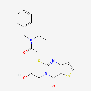 molecular formula C19H21N3O3S2 B2553279 N-苄基-N-乙基-2-{[3-(2-羟乙基)-4-氧代-3,4-二氢噻吩并[3,2-d]嘧啶-2-基]硫代}乙酰胺 CAS No. 1326854-19-6