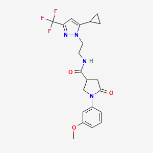 molecular formula C21H23F3N4O3 B2553291 N-(2-(5-cyclopropyl-3-(trifluoromethyl)-1H-pyrazol-1-yl)ethyl)-1-(3-methoxyphenyl)-5-oxopyrrolidine-3-carboxamide CAS No. 1797831-16-3