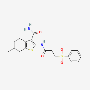 molecular formula C19H22N2O4S2 B2553335 6-Methyl-2-(3-(phenylsulfonyl)propanamido)-4,5,6,7-tetrahydrobenzo[b]thiophene-3-carboxamide CAS No. 749906-06-7