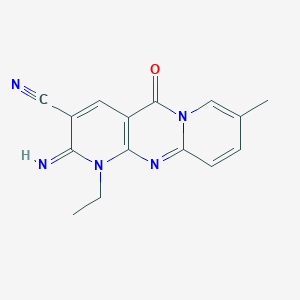 molecular formula C15H13N5O B255342 7-Ethyl-6-imino-13-methyl-2-oxo-1,7,9-triazatricyclo[8.4.0.0^{3,8}]tetradeca-3(8),4,9,11,13-pentaene-5-carbonitrile 