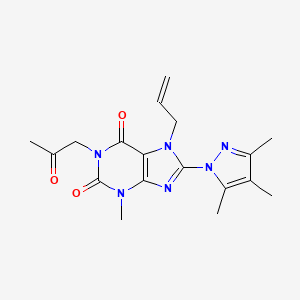 molecular formula C18H22N6O3 B2553434 3-Methyl-1-(2-oxopropyl)-7-prop-2-enyl-8-(3,4,5-trimethylpyrazolyl)-1,3,7-trih ydropurine-2,6-dione CAS No. 1014029-07-2