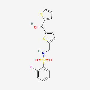 molecular formula C16H14FNO3S3 B2553484 2-fluoro-N-((5-(hydroxy(thiophen-2-yl)methyl)thiophen-2-yl)methyl)benzenesulfonamide CAS No. 1421484-31-2