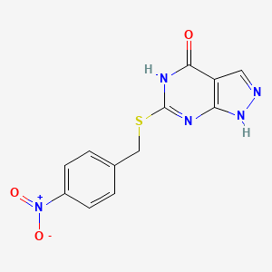 molecular formula C12H9N5O3S B2553490 6-((4-硝基苄基)硫代)-1H-吡唑并[3,4-d]嘧啶-4(5H)-酮 CAS No. 877630-37-0