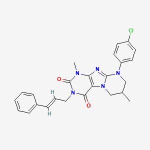 molecular formula C25H24ClN5O2 B2553512 9-(4-chlorophenyl)-3-cinnamyl-1,7-dimethyl-6,7,8,9-tetrahydropyrimido[2,1-f]purine-2,4(1H,3H)-dione CAS No. 876151-65-4