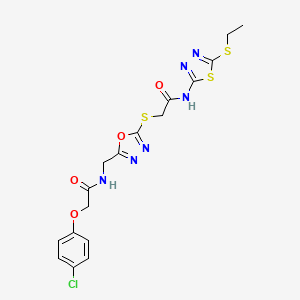 molecular formula C17H17ClN6O4S3 B2553583 2-(4-氯苯氧基)-N-((5-((2-((5-(乙硫基)-1,3,4-噻二唑-2-基)氨基)-2-氧代乙基)硫基)-1,3,4-噁二唑-2-基)甲基)乙酰胺 CAS No. 851785-06-3