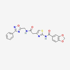 molecular formula C22H17N5O5S B2553589 N-(4-(2-oxo-2-(((3-phenyl-1,2,4-oxadiazol-5-yl)methyl)amino)ethyl)thiazol-2-yl)benzo[d][1,3]dioxole-5-carboxamide CAS No. 1207049-01-1