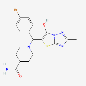 molecular formula C18H20BrN5O2S B2553596 1-((4-溴苯基)(6-羟基-2-甲基噻唑并[3,2-b][1,2,4]三唑-5-基)甲基)哌啶-4-甲酰胺 CAS No. 851809-64-8