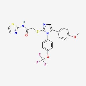 molecular formula C22H17F3N4O3S2 B2553799 2-((5-(4-methoxyphenyl)-1-(4-(trifluoromethoxy)phenyl)-1H-imidazol-2-yl)thio)-N-(thiazol-2-yl)acetamide CAS No. 1226447-60-4