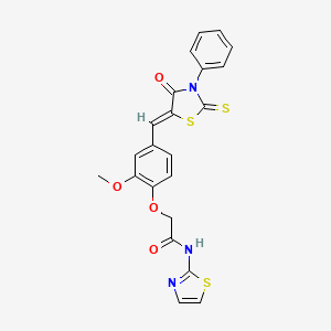 molecular formula C22H17N3O4S3 B2553810 (Z)-2-(2-methoxy-4-((4-oxo-3-phenyl-2-thioxothiazolidin-5-ylidene)methyl)phenoxy)-N-(thiazol-2-yl)acetamide CAS No. 540763-08-4