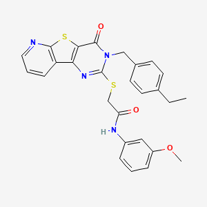 molecular formula C27H24N4O3S2 B2553856 2-((3-(4-ethylbenzyl)-4-oxo-3,4-dihydropyrido[3',2':4,5]thieno[3,2-d]pyrimidin-2-yl)thio)-N-(3-methoxyphenyl)acetamide CAS No. 1223907-42-3