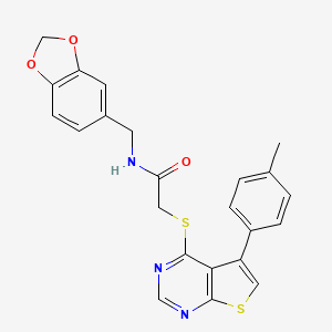 molecular formula C23H19N3O3S2 B2553865 N-苯并[1,3]二氧杂环-5-基甲基-2-(5-对甲苯基-噻吩并[2,3-d]嘧啶-4-基硫代)-乙酰胺 CAS No. 577760-75-9