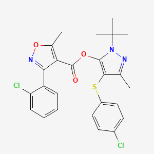 molecular formula C25H23Cl2N3O3S B2553869 1-(叔丁基)-4-((4-氯苯基)硫)-3-甲基-1H-吡唑-5-基 3-(2-氯苯基)-5-甲基异噁唑-4-羧酸酯 CAS No. 851127-88-3