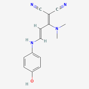 molecular formula C14H14N4O B2553871 2-[1-(二甲氨基)-3-(4-羟基苯胺基)-2-丙烯基亚烷基]-丙二腈 CAS No. 338773-87-8