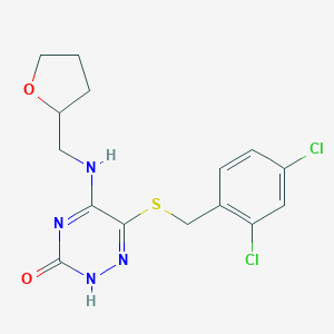 molecular formula C15H16Cl2N4O2S B255395 6-((2,4-dichlorobenzyl)thio)-5-(((tetrahydrofuran-2-yl)methyl)amino)-1,2,4-triazin-3(2H)-one 