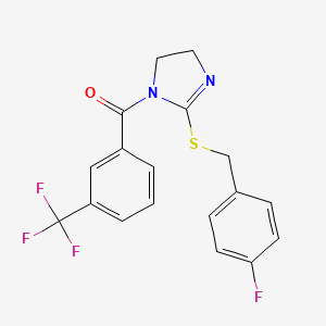 molecular formula C18H14F4N2OS B2553959 (2-((4-fluorobenzyl)thio)-4,5-dihydro-1H-imidazol-1-yl)(3-(trifluoromethyl)phenyl)methanone CAS No. 851865-97-9