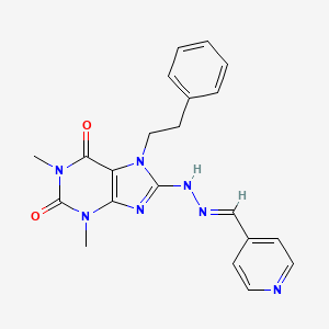 molecular formula C21H21N7O2 B2553961 (E)-1,3-dimethyl-7-phenethyl-8-(2-(pyridin-4-ylmethylene)hydrazinyl)-1H-purine-2,6(3H,7H)-dione CAS No. 682776-11-0