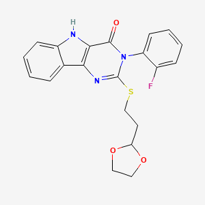 molecular formula C21H18FN3O3S B2553977 2-[2-(1,3-二氧戊环-2-基)乙基硫代基]-3-(2-氟苯基)-5H-嘧啶并[5,4-b]吲哚-4-酮 CAS No. 887214-97-3