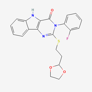 molecular formula C21H18FN3O3S B2553977 2-{[2-(1,3-dioxolan-2-yl)ethyl]sulfanyl}-3-(2-fluorophenyl)-3H,4H,5H-pyrimido[5,4-b]indol-4-one CAS No. 887214-97-3