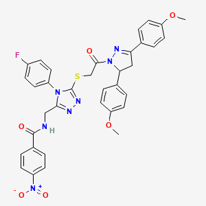 molecular formula C35H30FN7O6S B2553997 N-[[5-[2-[3,5-bis(4-methoxyphenyl)-3,4-dihydropyrazol-2-yl]-2-oxoethyl]sulfanyl-4-(4-fluorophenyl)-1,2,4-triazol-3-yl]methyl]-4-nitrobenzamide CAS No. 393582-96-2
