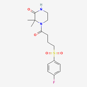 molecular formula C16H21FN2O4S B2554005 4-(4-((4-Fluorophenyl)sulfonyl)butanoyl)-3,3-dimethylpiperazin-2-one CAS No. 946363-10-6