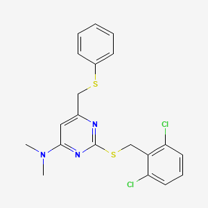 molecular formula C20H19Cl2N3S2 B2554046 2-[(2,6-二氯苯基)甲基硫代]-N,N-二甲基-6-(苯基硫代甲基)嘧啶-4-胺 CAS No. 341965-38-6
