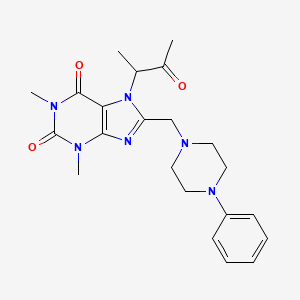 molecular formula C22H28N6O3 B2554065 1,3-dimethyl-7-(3-oxobutan-2-yl)-8-((4-phenylpiperazin-1-yl)methyl)-1H-purine-2,6(3H,7H)-dione CAS No. 868147-09-5