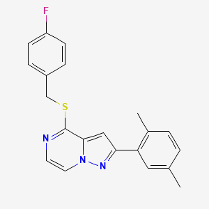 molecular formula C21H18FN3S B2554113 2-(2,5-Dimethylphenyl)-4-[(4-fluorobenzyl)thio]pyrazolo[1,5-a]pyrazine CAS No. 1223812-71-2