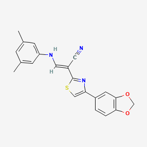 molecular formula C21H17N3O2S B2554142 (E)-2-(4-(benzo[d][1,3]dioxol-5-yl)thiazol-2-yl)-3-((3,5-dimethylphenyl)amino)acrylonitrile CAS No. 373374-61-9