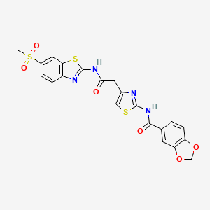 molecular formula C21H16N4O6S3 B2554173 N-(4-(2-((6-(甲基磺酰基)苯并[d]噻唑-2-基)氨基)-2-氧代乙基)噻唑-2-基)苯并[d][1,3]二氧杂环-5-甲酰胺 CAS No. 921819-43-4