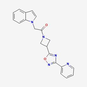 molecular formula C20H17N5O2 B2554236 2-(1H-indol-1-yl)-1-(3-(3-(pyridin-2-yl)-1,2,4-oxadiazol-5-yl)azetidin-1-yl)ethanone CAS No. 1251550-67-0