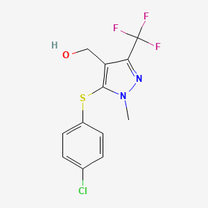 molecular formula C12H10ClF3N2OS B2554275 [5-[(4-Chlorophenyl)sulfanyl]-1-methyl-3-(trifluoromethyl)-1H-pyrazol-4-yl]methanol CAS No. 318239-52-0