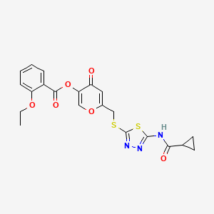 molecular formula C21H19N3O6S2 B2554338 6-(((5-(环丙烷甲酰胺)-1,3,4-噻二唑-2-基)硫代)甲基)-4-氧代-4H-吡喃-3-基 2-乙氧基苯甲酸酯 CAS No. 877650-90-3