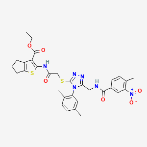 molecular formula C31H32N6O6S2 B2554410 ethyl 2-[[2-[[4-(2,5-dimethylphenyl)-5-[[(4-methyl-3-nitrobenzoyl)amino]methyl]-1,2,4-triazol-3-yl]sulfanyl]acetyl]amino]-5,6-dihydro-4H-cyclopenta[b]thiophene-3-carboxylate CAS No. 393850-30-1
