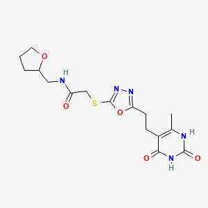 molecular formula C16H21N5O5S B2554420 2-((5-(2-(6-methyl-2,4-dioxo-1,2,3,4-tetrahydropyrimidin-5-yl)ethyl)-1,3,4-oxadiazol-2-yl)thio)-N-((tetrahydrofuran-2-yl)methyl)acetamide CAS No. 1171611-12-3