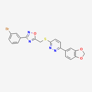 molecular formula C20H13BrN4O3S B2554543 3-(1,3-Benzodioxol-5-yl)-6-({[3-(3-bromophenyl)-1,2,4-oxadiazol-5-yl]methyl}sulfanyl)pyridazine CAS No. 1111419-66-9