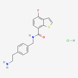 molecular formula C18H18ClFN2OS B2554635 N-[[4-(2-氨基乙基)苯基]甲基]-4-氟-1-苯并噻吩-7-羧酰胺；盐酸盐 CAS No. 2418663-37-1