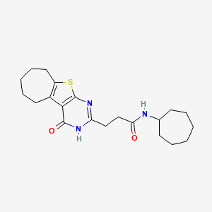 molecular formula C21H29N3O2S B2554695 N-cycloheptyl-3-(4-oxo-3,5,6,7,8,9-hexahydro-4H-cyclohepta[4,5]thieno[2,3-d]pyrimidin-2-yl)propanamide CAS No. 950345-57-0